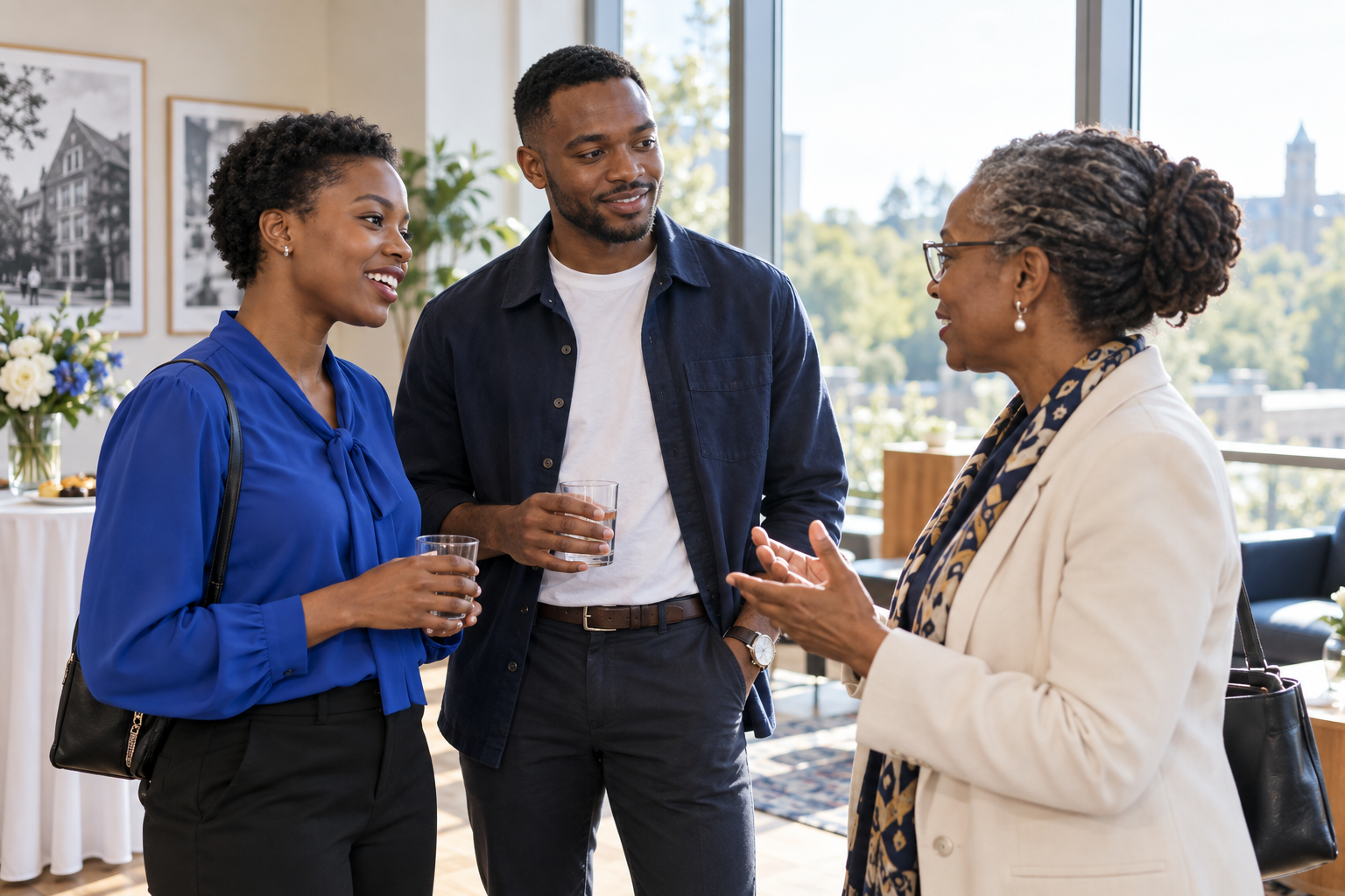 Graduates talking with an experienced professional at an alumni gathering.