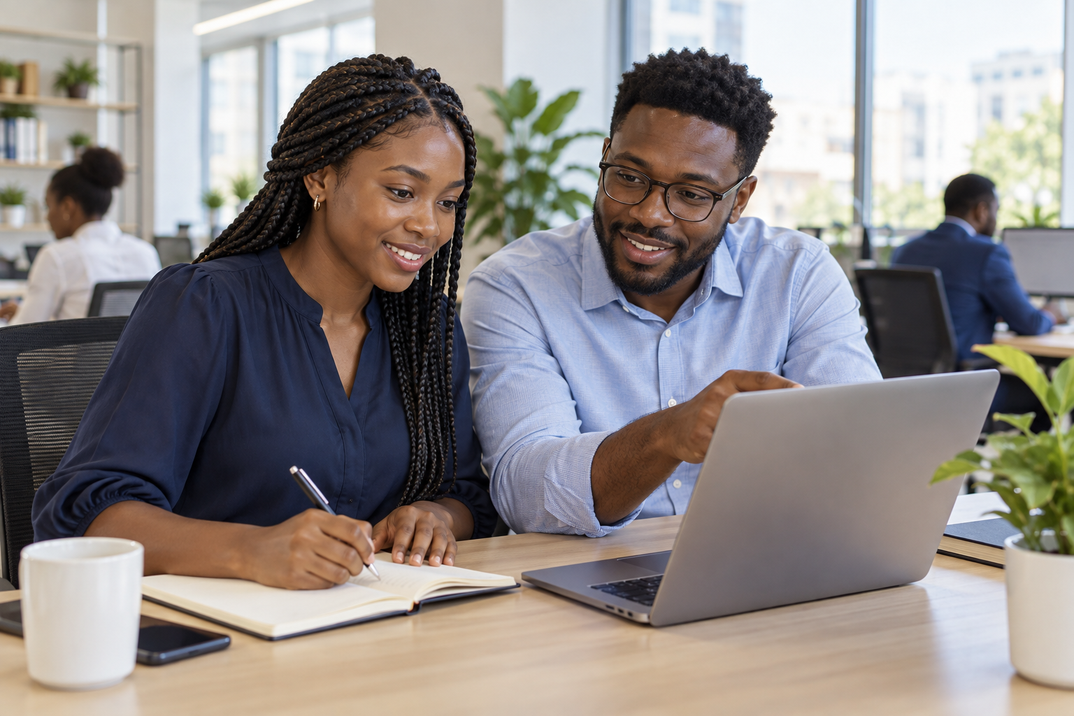 A new team member taking notes while a colleague explains a task at a laptop.