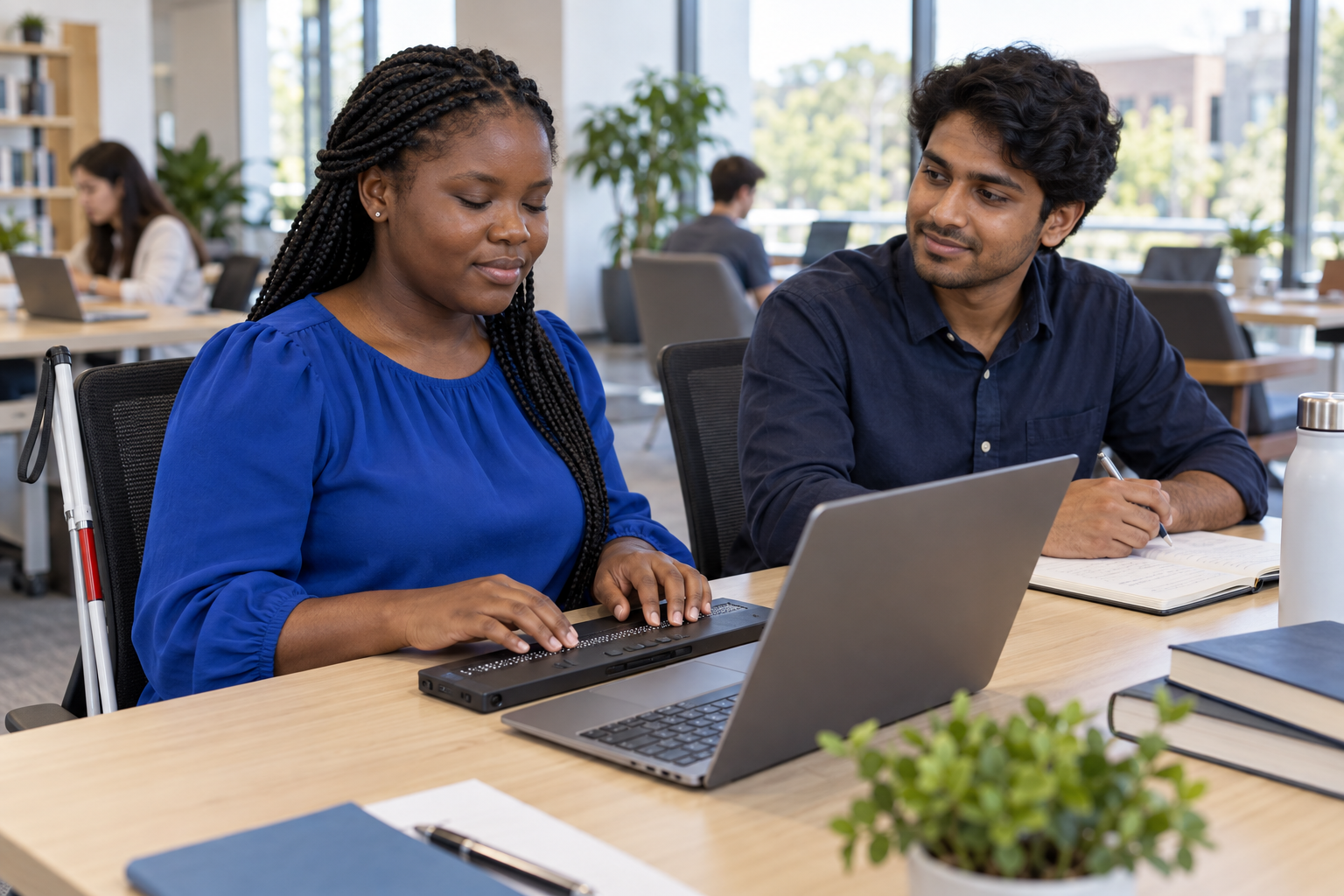 A blind graduate using a refreshable Braille display while discussing a project with a colleague.