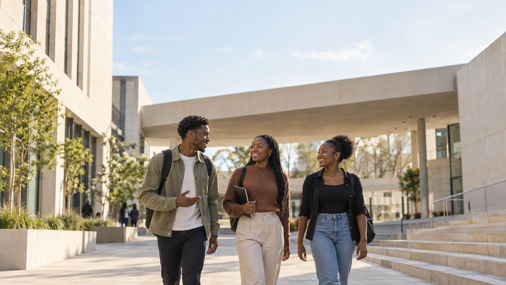 Three young adults walking and talking together on a sunlit university campus.